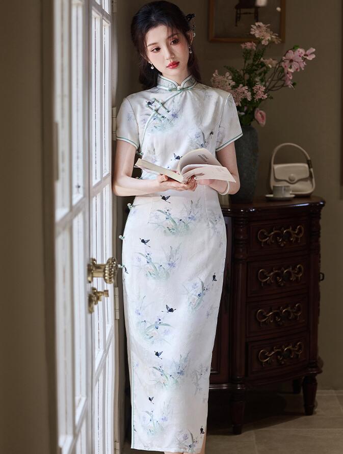 樂天商城 - チャイナドレス 可愛いドレス 蝶柄 花柄 レディースチャイナドレス ミモレ丈 半袖 チャイナ ドレス 復古風 美シルエット 大人 中華 ドレス レトロ クラシック チャイナワンピース 春夏向け チーパオ 旗袍 中華古典風ドレス グレー　ピンク グリーンS M L XL 2XL 3XL