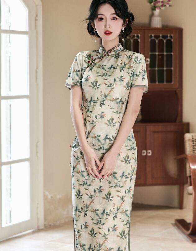 夏チャイナドレス 中華ドレス 花柄 可愛いドレス チャイナドレス ミモレ丈 半袖 チャイナ ドレス 復古風 美シルエット 大人 中華 ドレス レトロ クラシック チャイナワンピース チーパオ 旗袍 中華古典風ドレス S M L XL 2XL 3XL