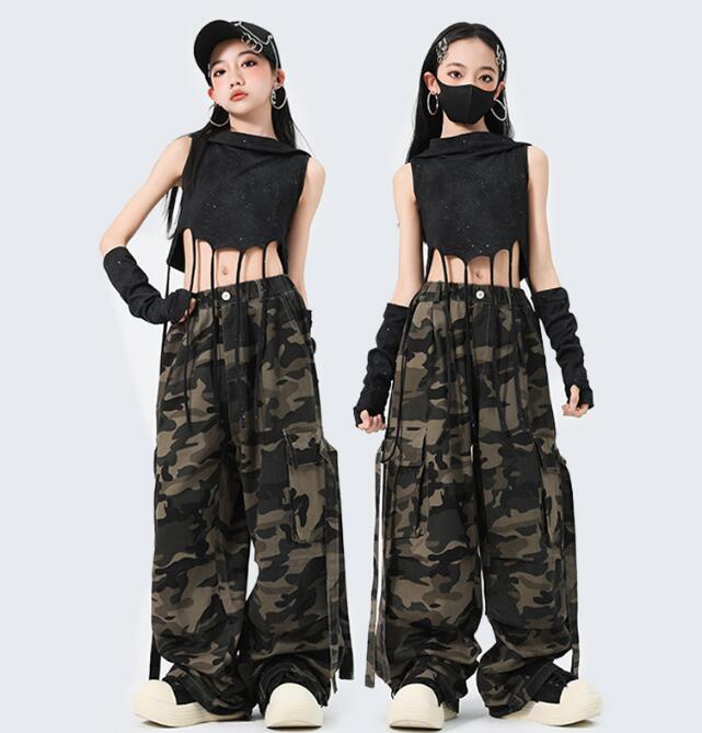 樂天商城 - ジャズダンス衣装 子供ダンス衣裳　フリンジ付きシャツ 迷彩パンツ ジャズダンス 女の子2点セット/3点セット 女の子 応援会合唱団団体服 ジャズダンス衣装 ヒップホップ 学園祭イベント舞台ステージ衣装 演出服謝恩会 発表会 演奏会イベント 110-180cm