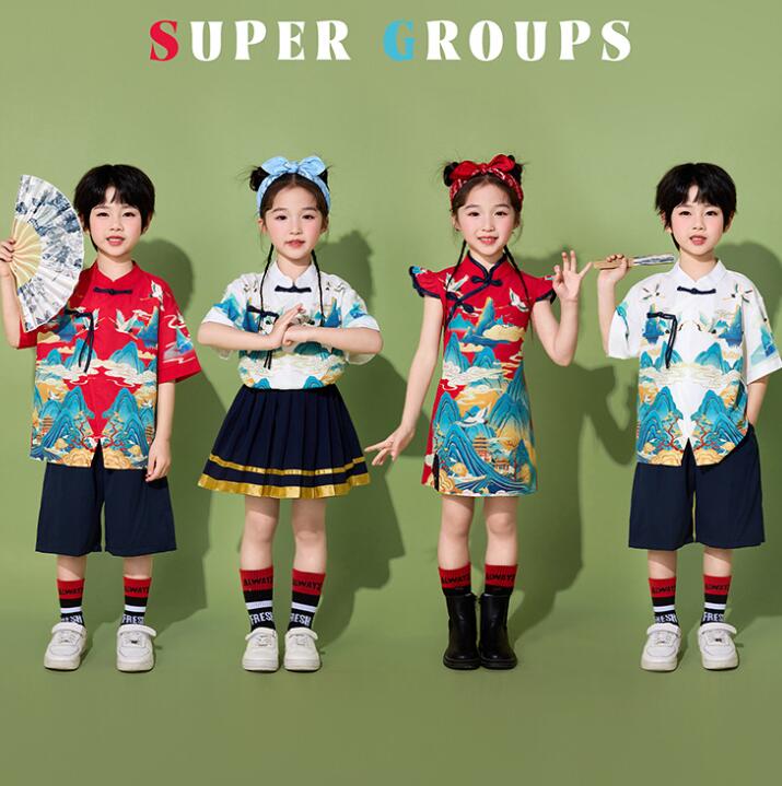 樂天商城 - 中華子供ダンス衣装 チアガール衣装 中華風 シャツ+パンツ2点セット チャイナドレス 子供 ジャズ ヒップホップ チア ダンス 衣装 女の子 男の子 子供 学校 運動会 体育祭 演出服 チア 団服 発表会 jazz hiphop 100-180cm