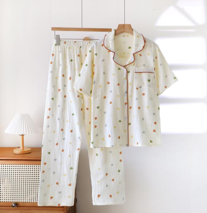 Rakuten - ハート柄パジャマ 春夏秋向け 半袖パジャマ 長袖トップス+ロングパンツ2点セット 二重ガーゼ パジャマ　コットン可愛い コットン 肌優しい 透気性 部屋着 薄手 部屋着 ルームウェア 可愛い パジャマ 寝巻き 綿パジャマ 通気 肌に優しい　M L XL