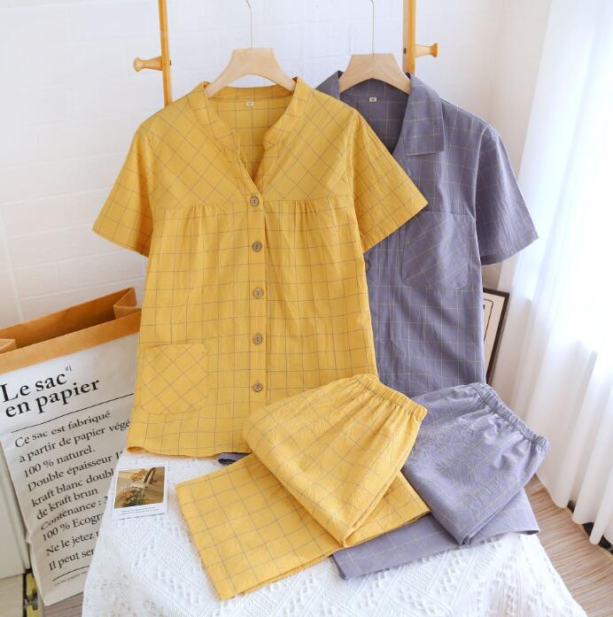 樂天商城 - カップル パジャマ 夏向け 七分パンツ パジャマ 半袖トップス+七分パンツ2点セット パジャマチェック柄 重ガーゼ 肌優しい 透気性 部屋着 薄手 部屋着 ルームウェア 可愛い パジャマ 寝巻き 綿パジャマ 通気 肌に優しい　M L XL
