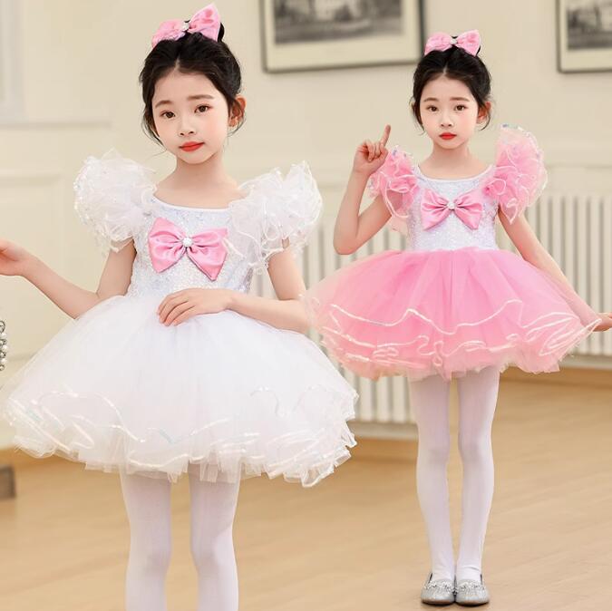 子供ダンス衣装 チュチュワンピース ピンク 白の2色 スパンコールワンピース 演出服 プリンセンスドレ..