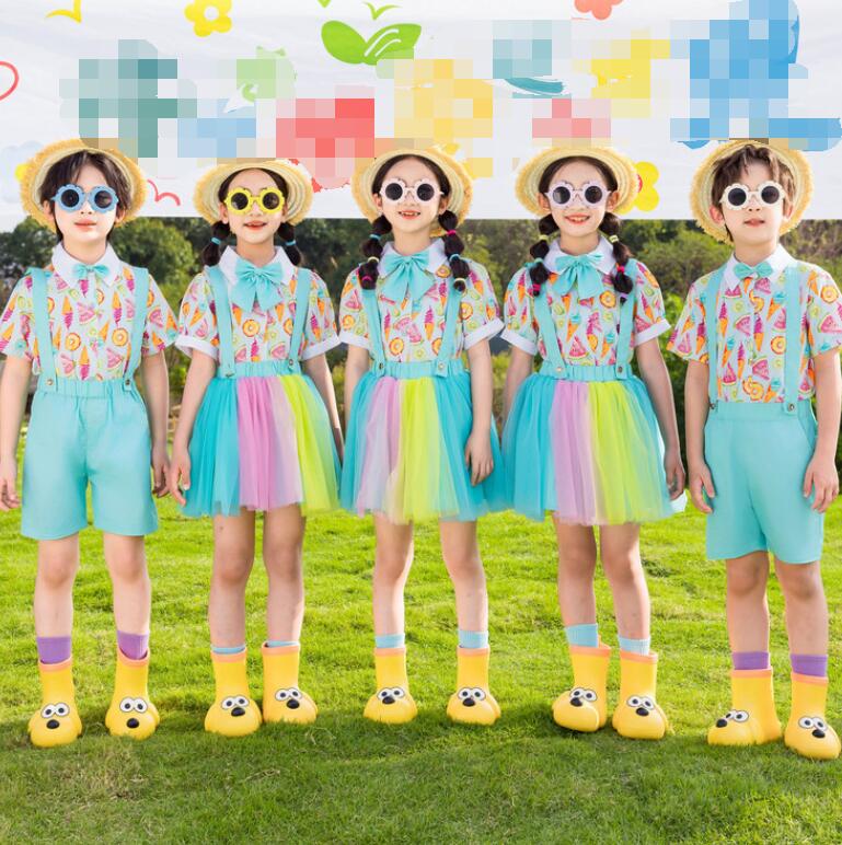 子供幼稚園制服 女の子男の子サロペットセット夏 普段着 リボン 花柄半袖シャツ+スカート/パンツセット 切替チュールスカート チアダンス 旅行 クラス服 中小生制服男女兼用ダンス衣装 チアガール コスチューム 新作 発表会舞台演出服 卒業式
