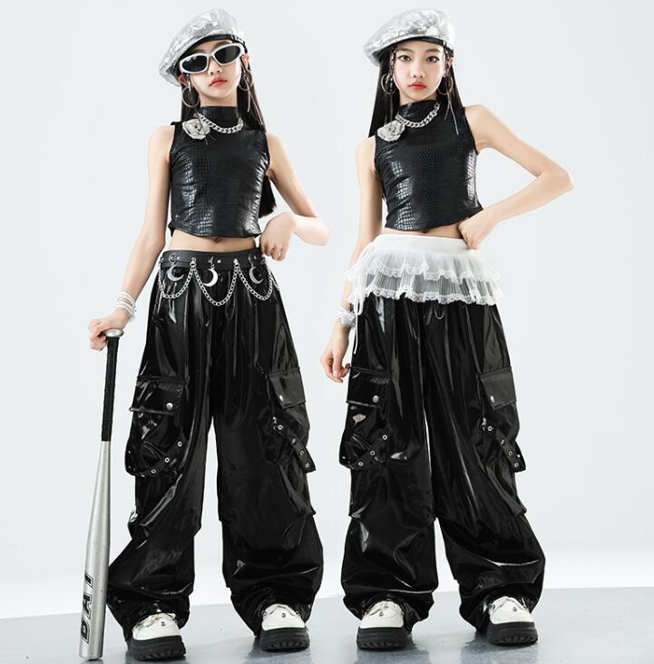 女の子ダンス衣装 レザーシャツ ガーコパンツ pu 立ち襟 レザーパンツ 韓国 hiphop 女の子 可愛い かっこいいダンスウエア ヒップホップ ジャズダンス k-pop 舞台服 演出服 練習着 団体服 発表会 原宿系 個性派 派手 春夏110-180cm