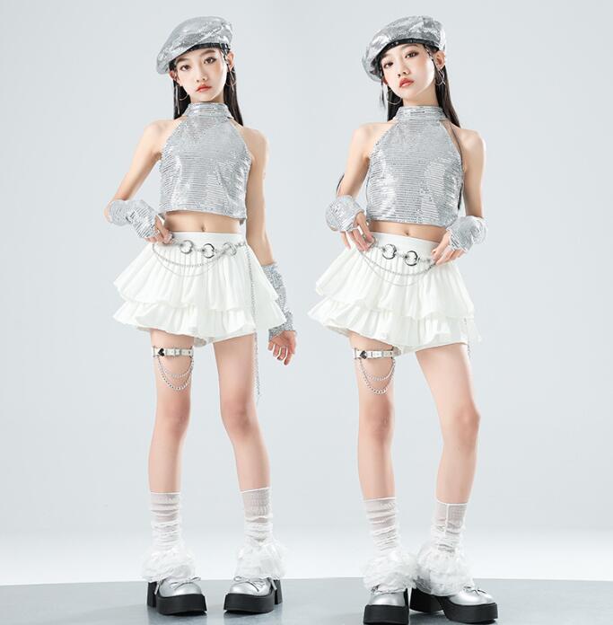 樂天商城 - スパンコール付きシャツ 立ち襟 子供ダンス衣装 袖なしシャツ スカート チュチュスカート jazzダンス衣装 女の子ダンス衣装 ショート丈スカート韓国 hiphop 女の子 かっこいいダンスウエア ジャズダンス k-pop 舞台服 演出服 練習着 団体服 発表会 原宿系 個性派 派手