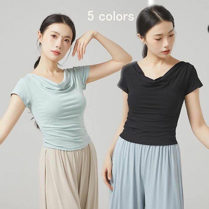 樂天商城 - ドレープド・ネックシャツ ダンス 衣装 半袖 Tシャツ カットソー レディース 5colors シンプル ダンス トップス ヨガ バレエ バレエダンス 古典ダンス 社交ダンス 練習着 レッスン着 ショート丈 夏服 カジュアルウエア S M L XL