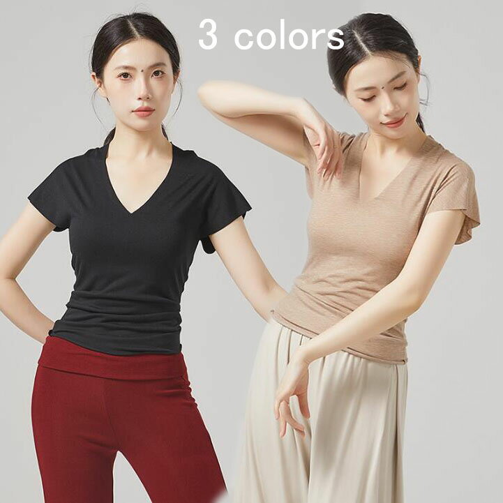 乐天商城 - 半袖トップス レディースTシャツ 大人ダンス衣装 ヨガウェア ダンス 衣装 Vネック シャツ カットソー レディース 5colors シンプル ダンス トップス ヨガ バレエ バレエダンス 古典ダンス 社交ダンス 練習着 レッスン着 夏服 カジュアルウエア S M L XL 2XL