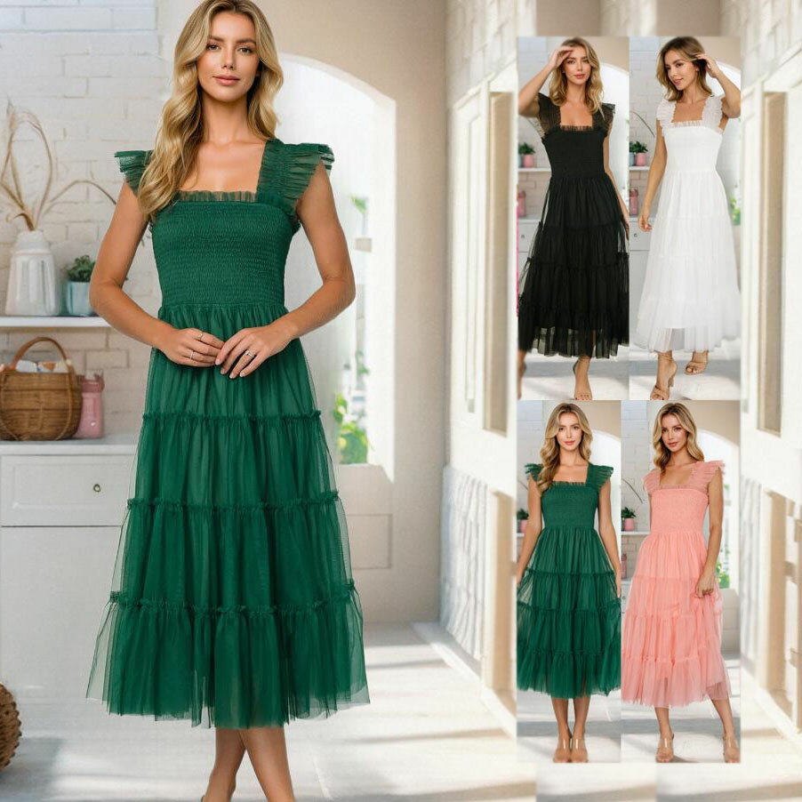 フレア付きワンピース ロング丈ドレス レディースダンス衣装 団体服 5色 ティアード・スカート欧米風ワンピース ウエストゴム付き カラーワンピース 袖なしワンピース メッシュ チュールワンピース新作 ワンピース 舞台服 演出 ダンス衣装 S M L XL