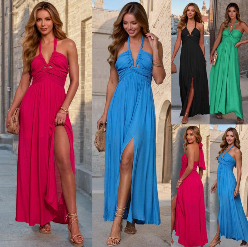 樂天商城 - 欧米風ワンピース 紐付きワンピース 不マキシ丈ワンピース スリットあり レディースダンス衣装 団体服 4色 美しい背中　ワンピース 欧米風ワンピース Vネック カラーワンピース 袖なしワンピース 新作 ワンピース 舞台服 演出 ダンス衣装 S M L XL