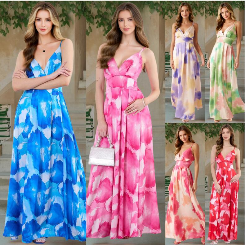 樂天商城 - 欧米風ワンピース ボヘミアン風ワンピース 不マキシ丈 6色 海 レディースダンス衣装 団体服 美しい背中　ワンピース Vネック カラーワンピース キャミソールワンピース 新作 ワンピース 舞台服 演出 ダンス衣装 S M L XL