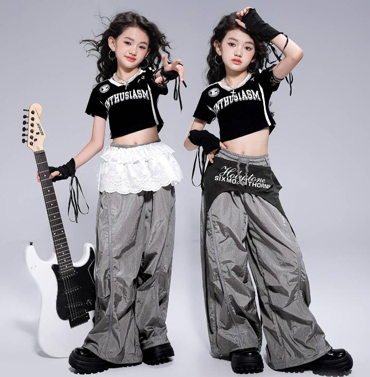 女の子ダンス衣装 VネックTシャツ 半袖トップス 子供ジャズダンスウェアセット ガウチョパンツ 紐付き手袋追加キッズダンス衣装 韓国風ヒップホップジャズダンスウェア ステージダンスウェア 舞台演出服hiphopjazz イベント コスチューム 110-180cm