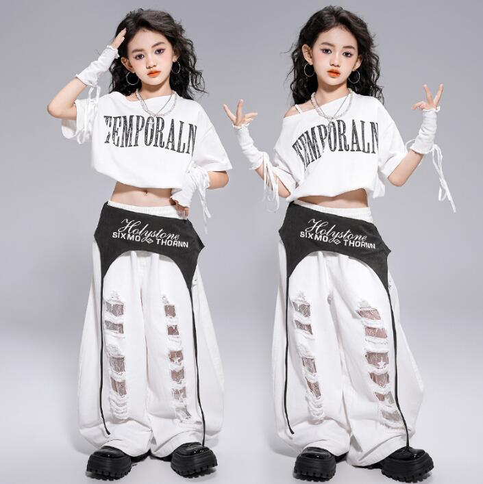 ゆったりTシャツ 半袖トップス 女の子ダンス衣装 子供ジャズダンスウェアセット ガウチョパンツ 穴付きパンツ 紐付き手袋追加キッズダンス衣装 韓国風ヒップホップジャズダンスウェア ステージダンスウェア 舞台演出服hiphopjazz イベント コスチューム 110-180cm