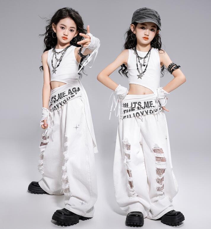 キッズダンス衣装 白タンクトップ 女の子ダンス衣装 子供ジャズダンスウェアセット ガウチョパンツ 穴付きパンツ 紐付き手袋追加キッズダンス衣装 韓国風ヒップホップジャズダンスウェア ステージダンスウェア 舞台演出服hiphopjazz イベント コスチューム 110-180cm