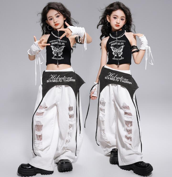 子供ダンス衣装 袖なしTシャツ 蝶柄プリント ロング丈パンツ 穴付きパンツ 女の子ダンス衣装 子供ジャズダンスウェアセット 紐付き手袋追加キッズダンス衣装 韓国風ヒップホップジャズダンス ステージダンスウェア 舞台演出服hiphopjazz イベント 110-180cm