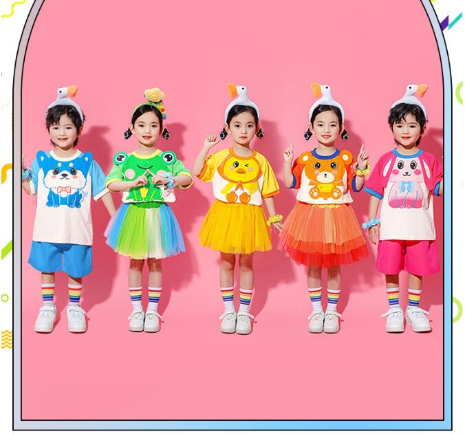 樂天商城 - チアガール衣装 子供ダンス衣装 動物柄シャツ チアガール衣装 5色　夏キッズダンスセット普段着 半袖シャツ +ショート丈パンツ/チュールスカート 可愛いチアダンス衣装ジャズダンスウェア　卒業式入学式イベント　男女兼用舞台演出服　運動会　チアガール 100-180cm