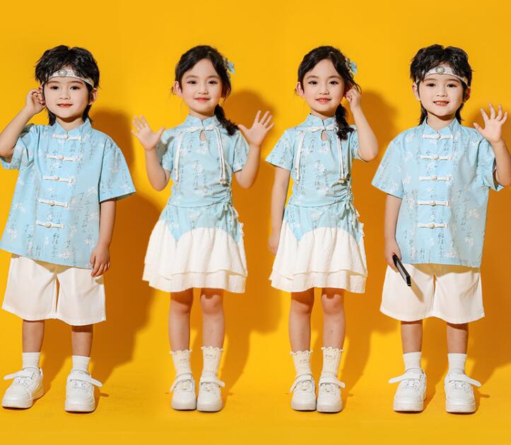 樂天商城 - 子供ダンス衣装 チアガール衣装 子供ダンス衣装 チャイナ風シャツ+チュールスカート/パンツ チアガール衣装 夏キッズダンスセット普段着 可愛いチアダンス衣装ジャズダンスウェア　卒業式入学式イベント　男女兼用舞台演出服　運動会　チアガール 100-180cm