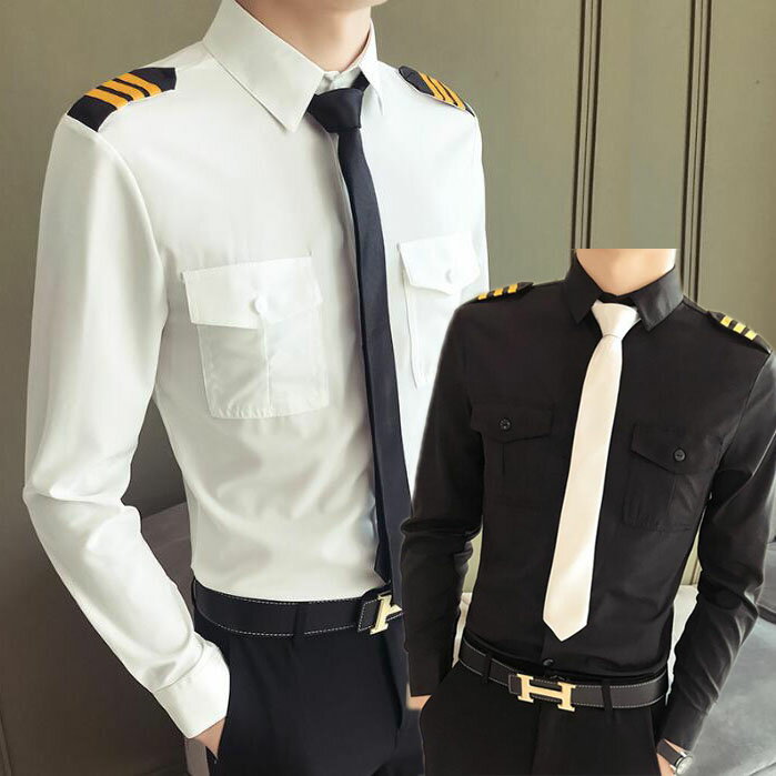樂天商城 - メンズシャツ 男性シャツ 制服 メンズ パイロット 飛行士 キャプテン 船長 ワイシャツ ユニフォーム 舞台衣装 ステージ衣装 イベント 学園祭 ハローウィン コスチューム 遊び着 コスプレ シャツ 平日着可 カジュアルシャツ 長袖 半袖 大人 白 黒 ネクタイ