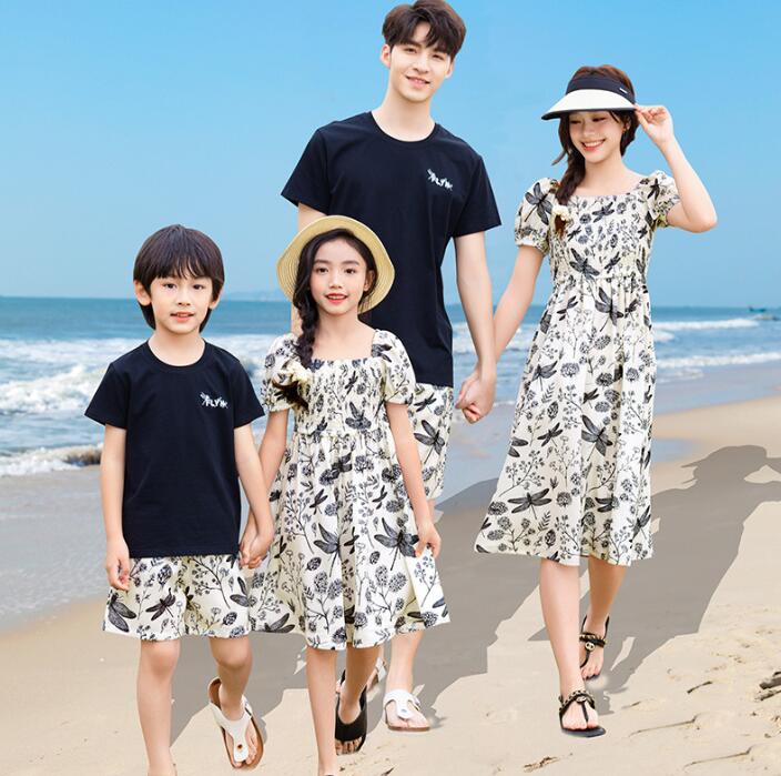 親子ペア カップル花柄半袖ワンピース 夏服 海旅行衣装 メンズtシャツ+ショートパンツセット ワンピース 親子コーデ ペアルック 夏服 ビーチドレス シフォンシャツ 家族活動 ママ パパ 息子 娘 お揃い衣装 沖縄旅行 ハワイ旅行 親子 撮影衣装(4.0)