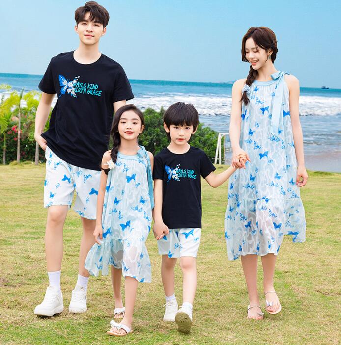 蝶柄キャミソールワンピース 親子ペア カップル ロング丈ワンピース 夏服 海旅行衣装 メンズ黒シャツ+ショートパンツセット ワンピース 親子コーデ ペアルック 夏服 ビーチドレス シフォンシャツ 家族活動 ママ パパ 息子 娘 お揃い衣装 沖縄旅行 ハワイ旅行 親子 撮影衣装