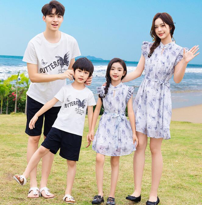 親子ペア カップル 子供衣装 膝丈ワンピース 半袖ワンピース夏服 フリル付き チャイナボタン 海旅行衣..