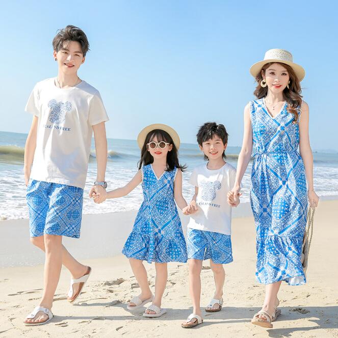 親子ペア カップル 子供衣装 ロング丈ワンピース Vネック夏服 ボヘミアン風海旅行衣装 メンズシャツ+ショートパンツセット 親子コーデ ペアルック 夏服 ビーチドレス 家族活動 ママ パパ 息子 娘 お揃い衣装 沖縄旅行 ハワイ旅行 親子 撮影衣装