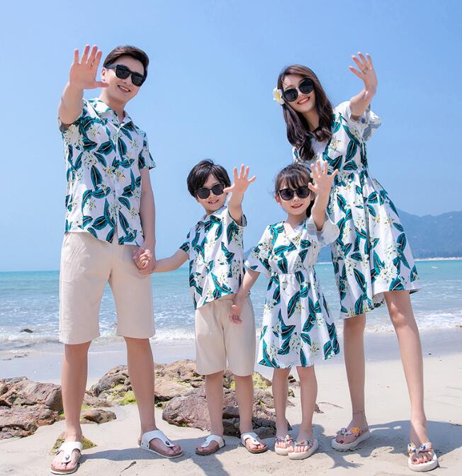 親子ペア カップル 葉柄Tシャツ ワンピース子供衣装 半袖ワンピース夏服 海旅行衣...