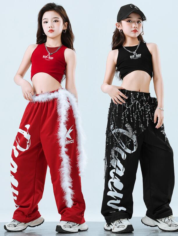 樂天商城 - ジャズダンス衣装 ヒップホップ 子供ダンス衣装 袖なしシャツ ロング丈ガーコパンツ 夏キッズダンスセット普段着 Tシャツ+ガーコパンツ 可愛いチアダンス衣装卒業式入学式イベント　ジャズダンス衣装　男女兼用舞台演出服　運動会　 110-180cm