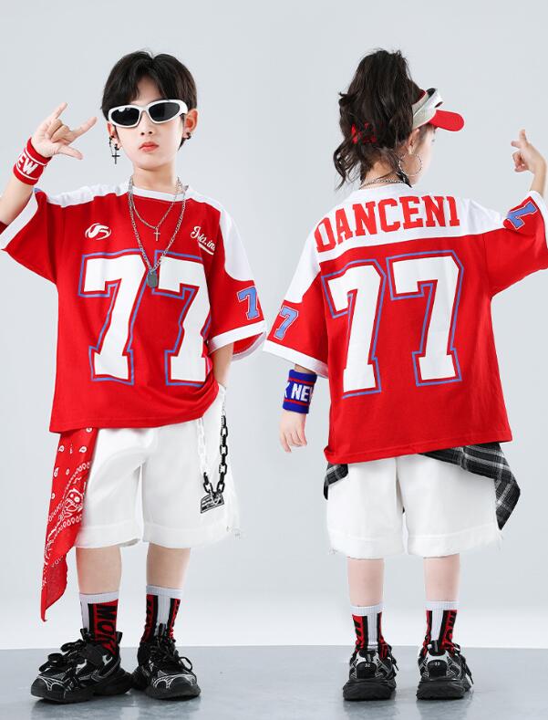 樂天商城 - ジャズダンス衣装 ヒップホップ ゆったりシャツ 子供ダンス衣装 半袖シャツショート丈パンツ 夏キッズダンスセット普段着 男女兼用ダンス衣装 可愛いチアダンス衣装卒業式入学式イベント　ジャズダンス衣装　男女兼用舞台演出服　運動会　 110-180cm