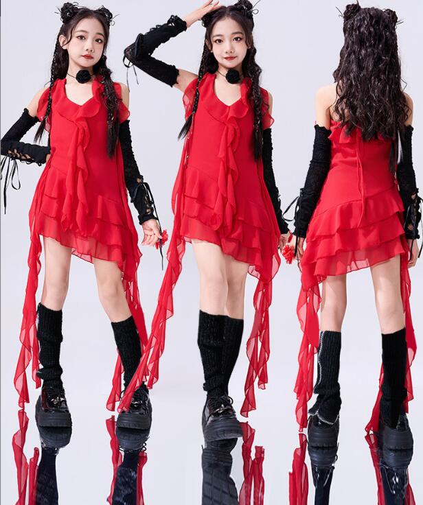 Rakuten - 子供ジャズダンス衣装 フリル付きトップス 赤シャツ ヒップホップ 女の子ダンス衣装 袖なしシャツ　 夏キッズダンスセット普段着 可愛いダンス衣装 ダンス衣装 可愛いチアダンス衣装卒業式入学式イベント　舞台演出服　運動会110-180cm