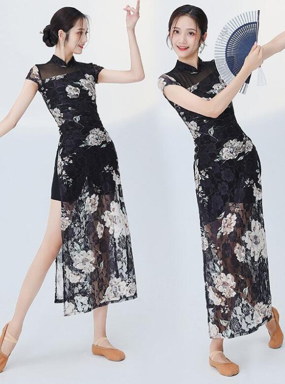 樂天商城 - 社交ダンス衣装 チャイナ服 中華風ワンピース 古典ダンス衣装 モダンドレス レディース メッシュワンピース 花柄ワンピース+見せパンツ2点セット タンゴ 社交ダンス 衣装 ダンスレッスンウェア 練習着 新体操 ダンス 発表会 大人 ジュニアS M L XL