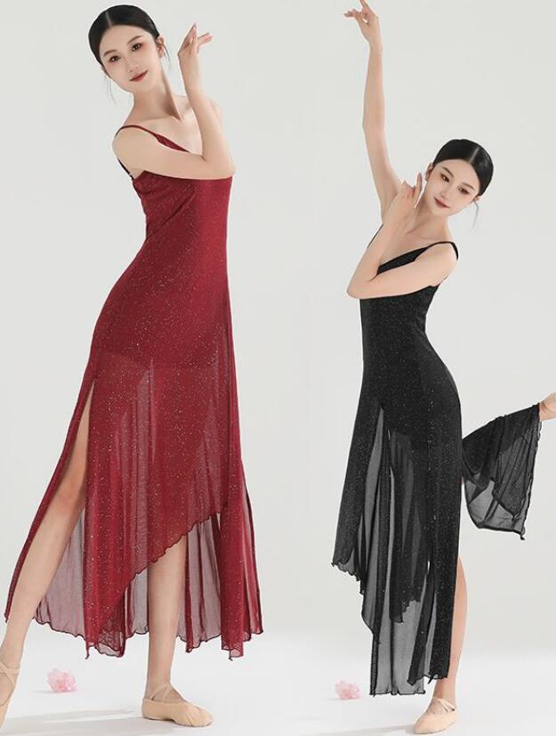 キャミソールワンピース 大人ダンス衣装 バレエ ワンピース ラメ入り 古典ダンス衣装 モダンドレス レディース ワンピース スリットありワンピース ラテンダンスドレス タンゴ ワルツ 社交ダンス 衣装 ダンスレッスンウェア 練習着 新体操 ダンス 発表会 大人 ジュニア 赤黒