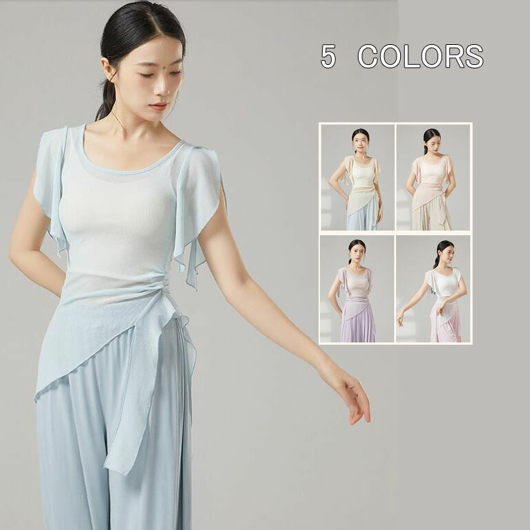 樂天商城 - ダンス 衣装 半袖 Tシャツ カットソー メッシュ 三角裾 レディース ダンス衣装 ダンス フリル袖トップス ヨガ バレエ 古典ダンス 社交ダンス 練習着 レッスン着 ゆったり スリット 夏服 カジュアルウエア S M L XL