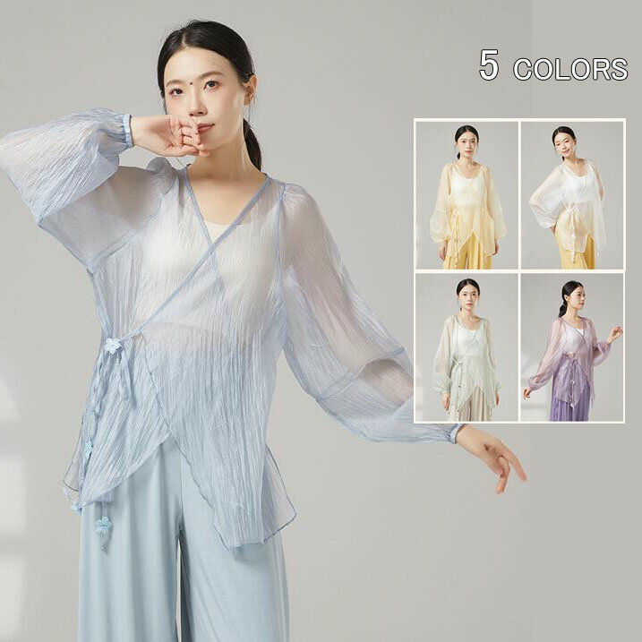 樂天商城 - 交差襟ブラウス ダンス トップス レディース 古典ダンス シースルー生地 長袖 ブラウス ゆったり ロング丈 シフォン ラメ入り 光沢 飄逸 クラシカル ダンス 衣装 中華古典 チャイナ民族ダンス バレエ 練習着 レッスン着 インナー追加可