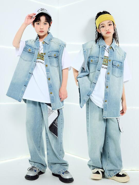 子供ダンス衣装 デニムベスト 2点セット/3点セット対応可能 ロング丈デニムパンツ ジャズダンス衣装 半袖Tシャツ 子供ダンス衣装 女の子 ダンス衣装 イベント学園祭舞台ステージ衣装 演出服謝恩会 発表会 演奏会イベント 110-180cm