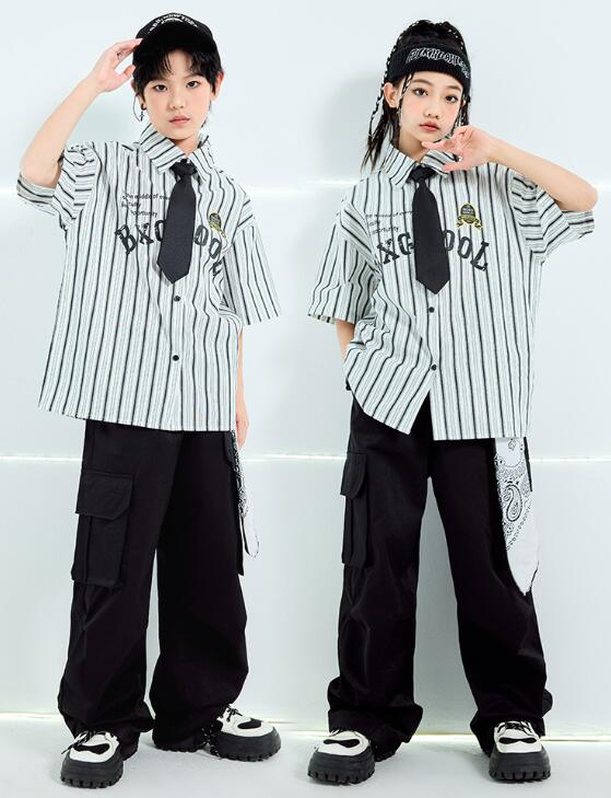 子供ダンス衣装 半袖 ストライプ柄シャツ 2点セット/3点セット対応可能 ロング丈パンツ ジャズダンス衣装 半袖Tシャツ 子供ダンス衣装 女の子 ダンス衣装 イベント学園祭舞台ステージ衣装 演出服謝恩会 発表会 演奏会イベント 110-180cm