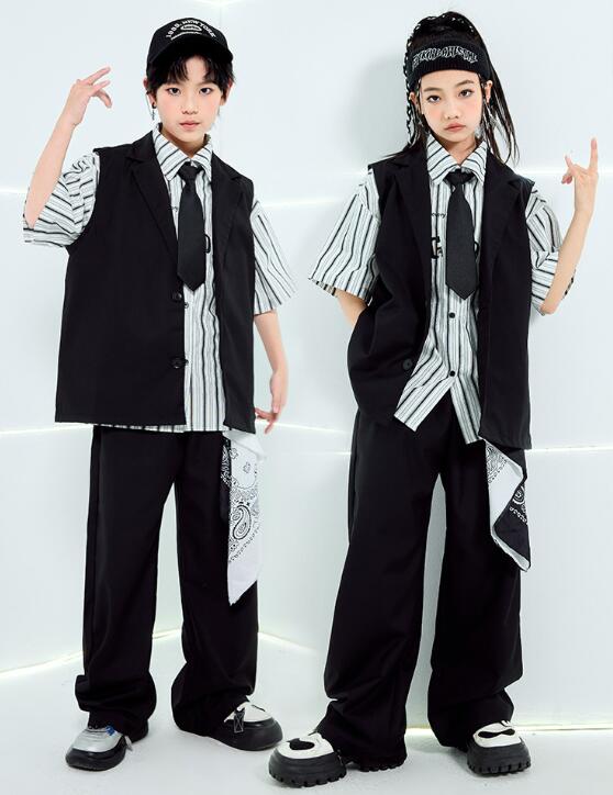 子供ダンス衣装 半袖 ストライプ柄シャツ カジュアルベスト2点セット/3点セット対応可能 ロング丈パンツ ジャズダンス衣装 半袖Tシャツ 子供ダンス衣装 女の子 ダンス衣装 イベント学園祭舞台ステージ衣装 演出服謝恩会 発表会 演奏会イベント 120-180cm