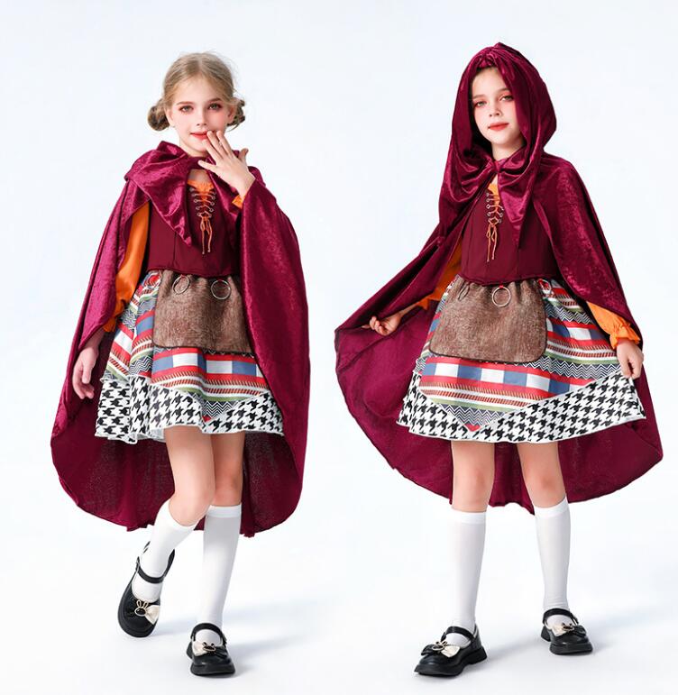 キッズ ハロウィン コスプレ あずきちゃん 魔女cos 衣装 子供 メイド服 コスチューム 長袖 ワンピース マントミドル丈 メイドコス エプロンドレス可愛い お姫様 パフォーマンス 余興 コスプレ衣装 キッズ ジュニア 110 120 130 140 150