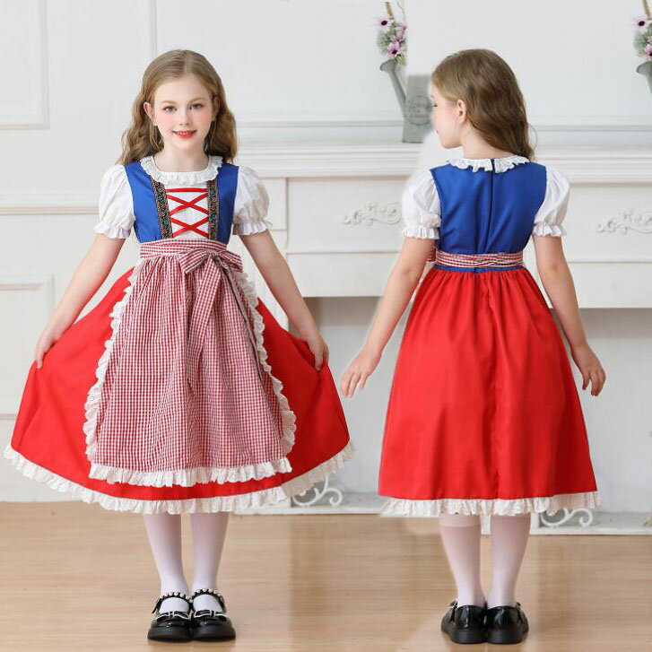 キッズ ハロウィン コスプレ ビールガール　メイドcos 衣装 子供 メイド服 コスチューム 半袖 ワンピース マントミドル丈 メイドコス ..