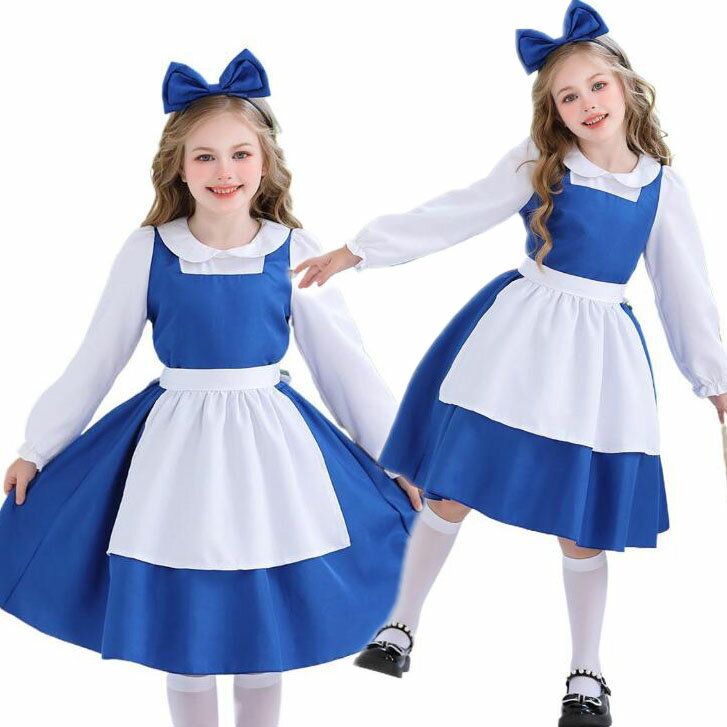 樂天商城 - 子供メイド服衣装 ハロウィン コスプレ 衣装 子供 メイド服 コスチューム 半袖 ミドル丈 メイドコス エプロンドレス 3点セット可愛い お姫様 民族風 パフォーマンス 　髪飾り 余興 コスプレ衣装 キッズ ジュニア 110 120 130 140 150
