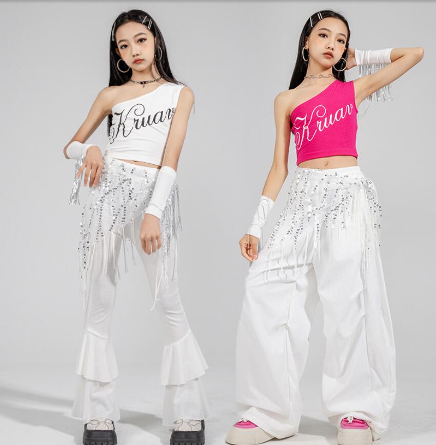 樂天商城 - 子供ダンス衣装 シングル肩女の子ガーコパンツ シャツ カジュアル 白 ローズピンク ラッパパンツ ガーコパンツジャズダンス衣装 子供ダンス衣装 女の子 ダンス衣装 イベント学園祭舞台ステージ衣装 演出服謝恩会 発表会 演奏会イベント　120-180cm