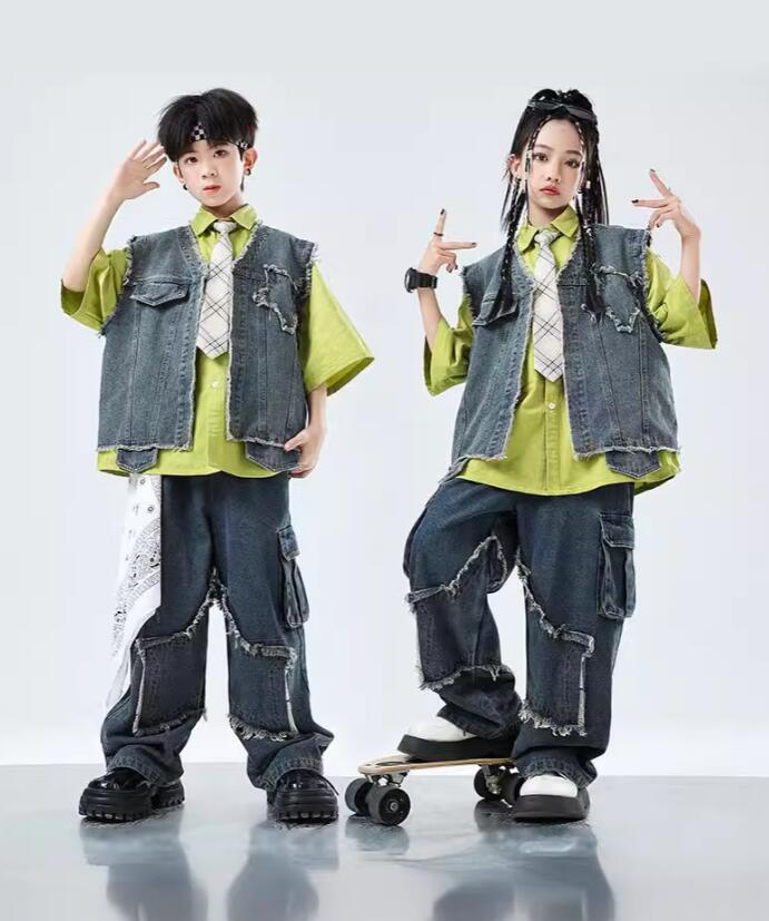 樂天商城 - 子供ダンス衣装 デニムベスト　パンツ 2点/3点セット対応 ジャズダンス ヒップホップ男の子 ダンス衣装 ゆったりシャツ デニムパンツ ジャズダンス衣装 子供ダンス衣装 女の子 ダンス衣装 イベント学園祭舞台ステージ衣装 演出服謝恩会 発表会 演奏会イベント　110-180cm