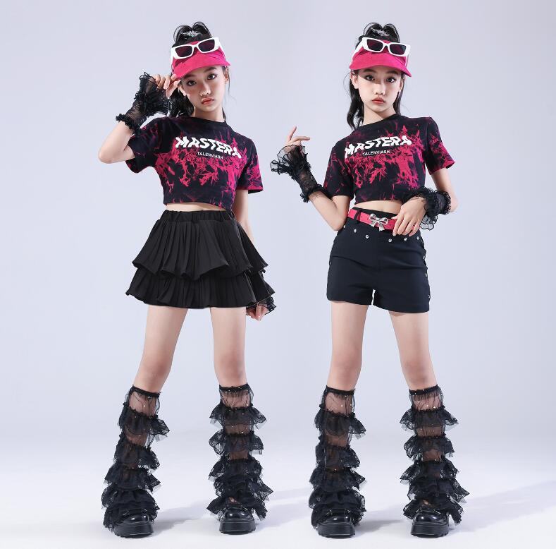 女の子ダンス衣装 子供ダンス衣装 半袖tシャツ へそ出しシャツ 可愛い スカート ガ...