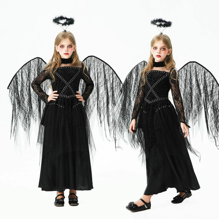 樂天商城 - 天使コスプレ衣装 ハロウィン コスプレ 子供 黒　暗黒　翼付き 仮装 衣装 子供 可愛い 長袖ワンピース ハロウィン 衣装 アリス アニメ ハロウィン 仮装 子供 ハロウィン 衣装 面白い 女の子 ハロウィン仮装 コスプレ衣装 ハロウィン衣装 かわいい ワンピース セット衣装