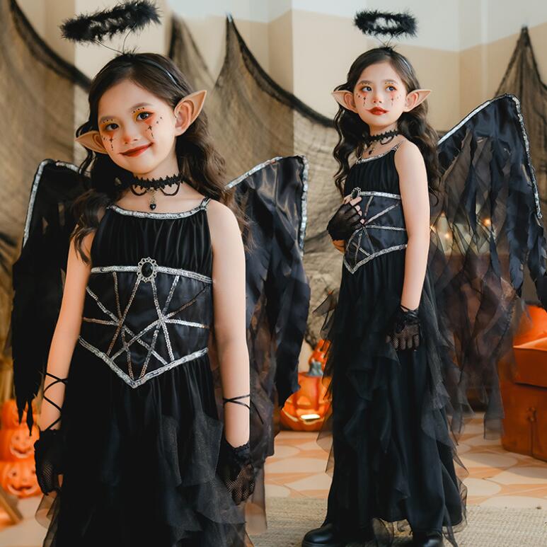 樂天商城 - 天使コスプレ衣装 袖なしワンピースハロウィン コスプレ 子供 黒　暗黒　翼付き 仮装 衣装 子供 可愛い ワンピース ハロウィン 衣装 アリス アニメ ハロウィン 仮装 子供 ハロウィン 衣装 面白い 女の子 ハロウィン仮装 コスプレ衣装 ハロウィン衣装 かわいい セット衣装