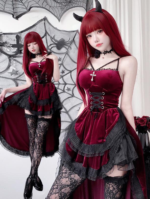 レディース燕尾服ワンピース 前短い ハロウィン衣装 セクシー キャミソールワンピース 悪魔ドレス ヴァンパイア 妖精 吸血鬼 可愛い衣装 ハロウィン コスプレ 衣装 cosコスチューム ドレス イベント コス エプロンドレス可愛い パフォーマンス 余興 コスプレ衣装