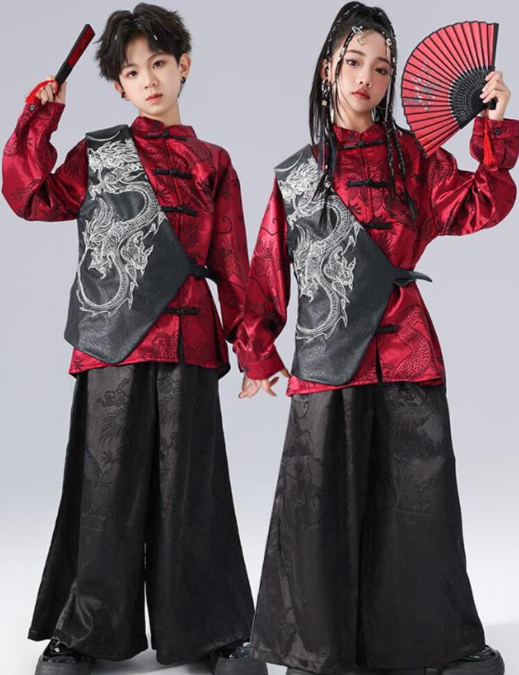 樂天商城 - 中華風子供ヒップホップダンス衣装　キッズ漢中華風唐装服セット　龍柄チャイナ風長袖シャツ+ガウチョパンツ　太極拳　春秋2点/3点セットアップ　男女兼用舞台ジャズヒップホップ演出服　キッズhiphopjazz舞台ダンス衣装 男女兼用ステージ演出ウェア