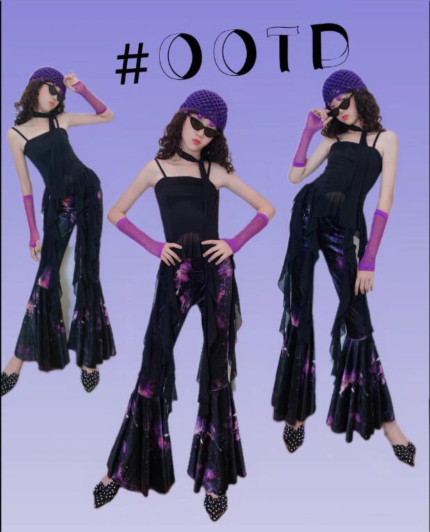 樂天商城 - 女の子ラッパパンツ キャミソールトップス 子供ダンス衣装 キッズ ダンス衣装 舞台衣装 デスコ風 レトロ風フレアパンツ ノスタルジックス風 時代感 モデル ガールズ キッズダンス衣装 演出服 ガールズ 団体 チアダンス ステージ チーム hippop イベント衣装