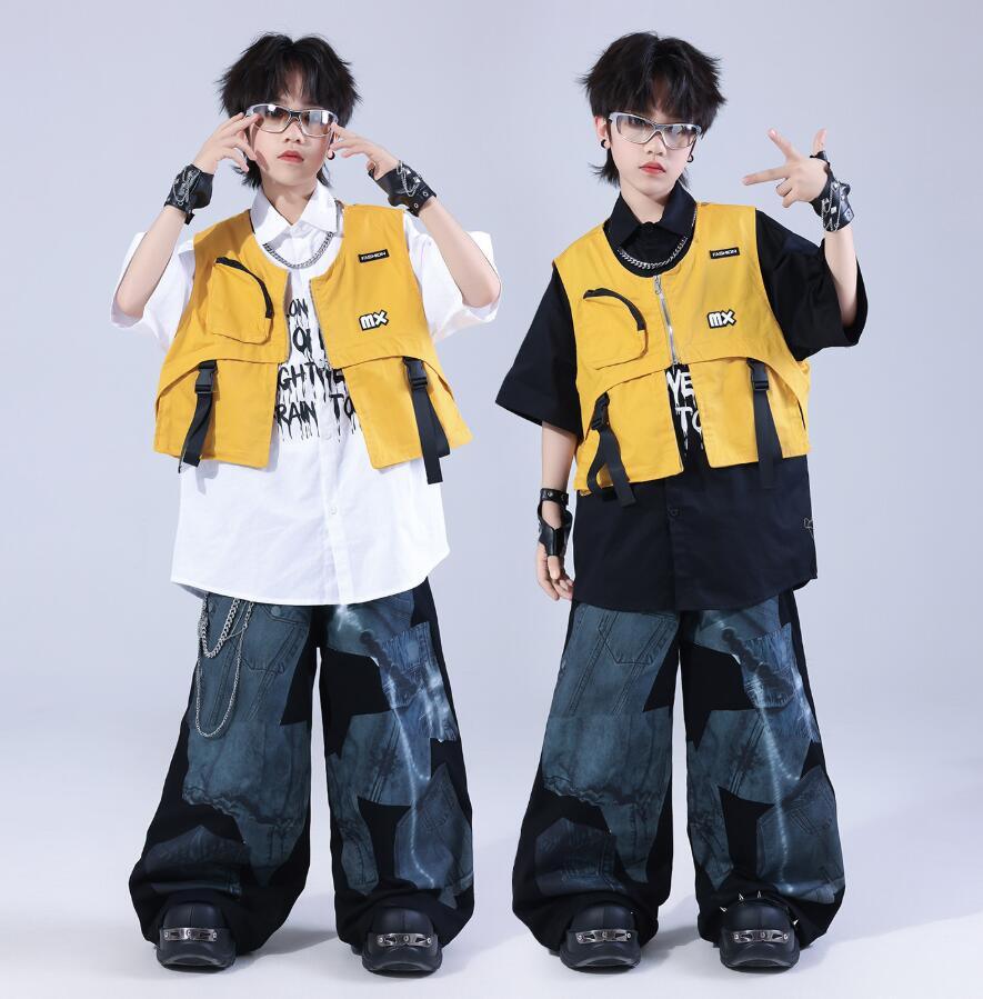 樂天商城 - 黄ベスト 子供ダンス衣装 白シャツ ジャズダンス ガーコパンツ 男の子ダンス衣装 ヒップホップ　ゆったりシャツ ダンス衣装 ジャズダンス衣装 子供ダンス衣装 ダンス衣装 イベント学園祭舞台ステージ衣装 演出服謝恩会 発表会 演奏会イベント　110-180cm
