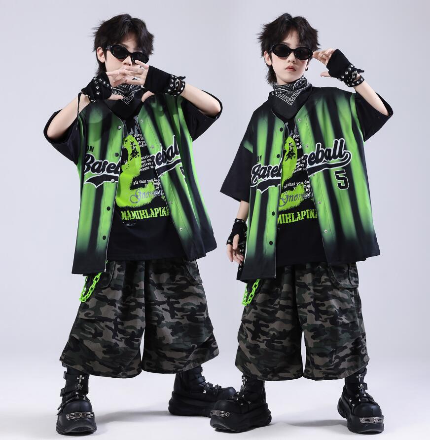 子供ダンス衣装 黒Tシャツストライプ柄シャツコート ジャズダンス 迷彩柄ハーフパンツ 男の子ダンス衣装 ヒップホップ ゆったりシャツ ダンス衣装 ジャズダンス衣...